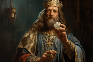 Un roi tient une piece d'or antique dans sa main